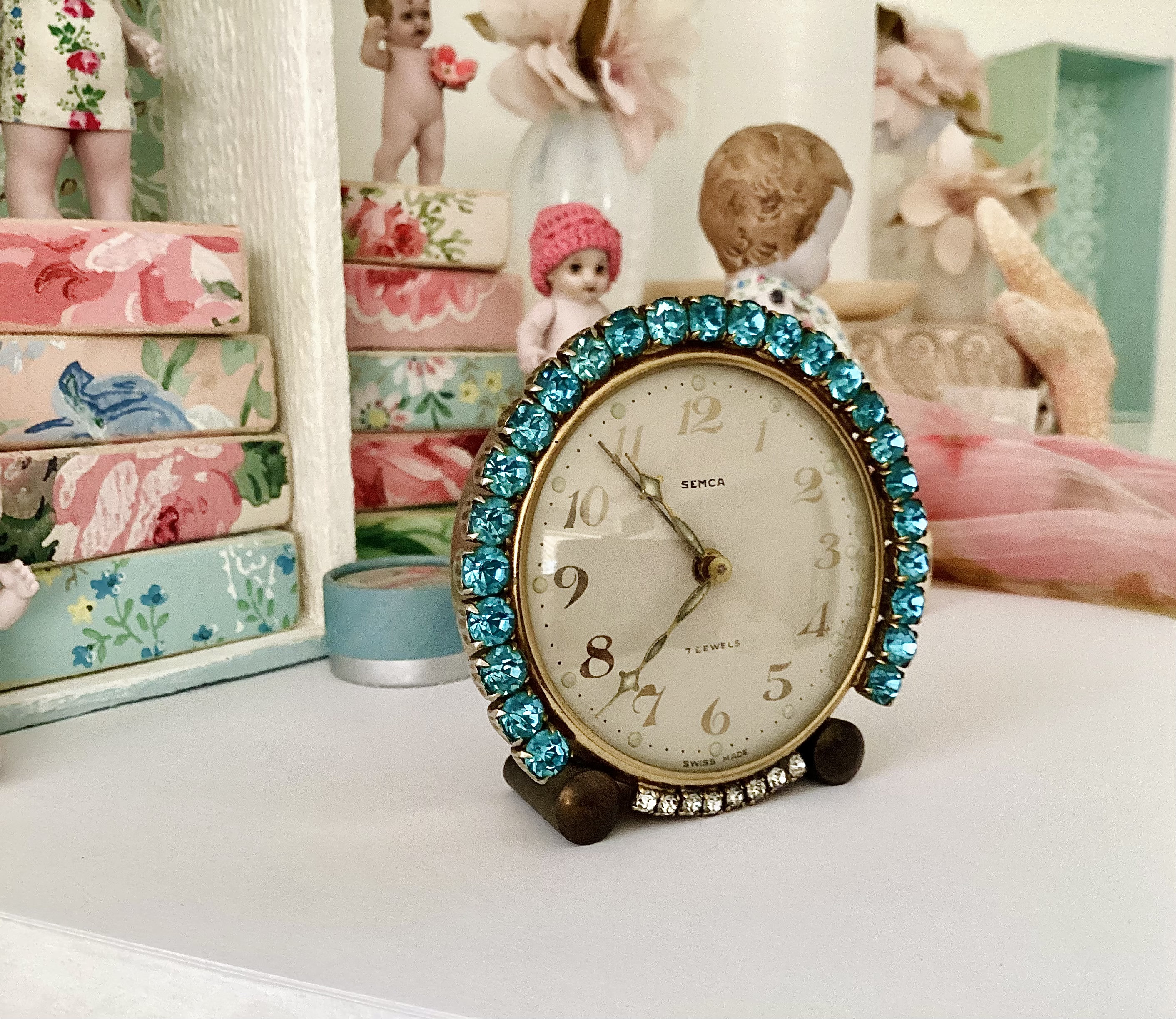 Vintage Semca Seven Jewels Alarm Clock With Aqua Blue Rhinestones