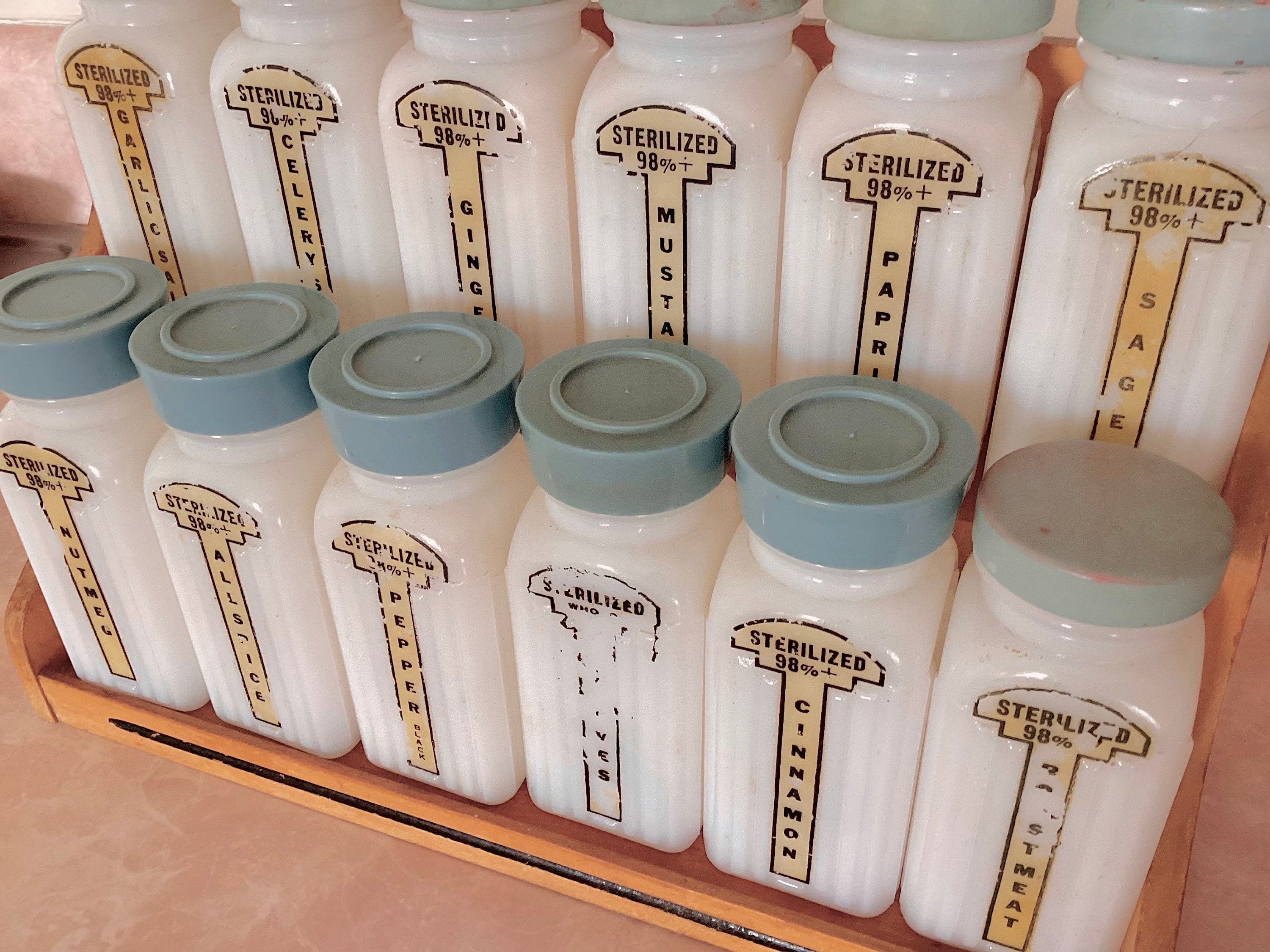 Beautiful, Griffith's Milk Glass/wooden Spice Set With Blue