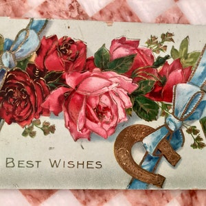 Cartes postales, éphémères, roses, gaufrage antique, ruban, fer à cheval, meilleurs voeux