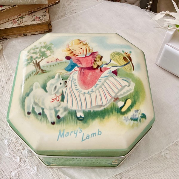 Mary Had a Little Lamb 1948 Tin Lithograph made in England The Metal Box Company LTD, B. W. & M., LTD. branch Mansfield, nursery rhyme