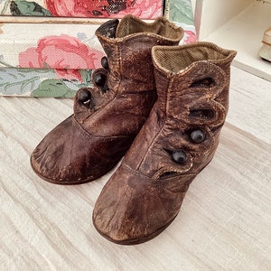 Antike High Top schwarze Knopf Braun Leder Babyschuhe