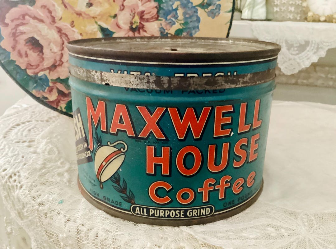 Maxwell House Coffee Antique Tin, Retro Kitchen Decor, Teal and