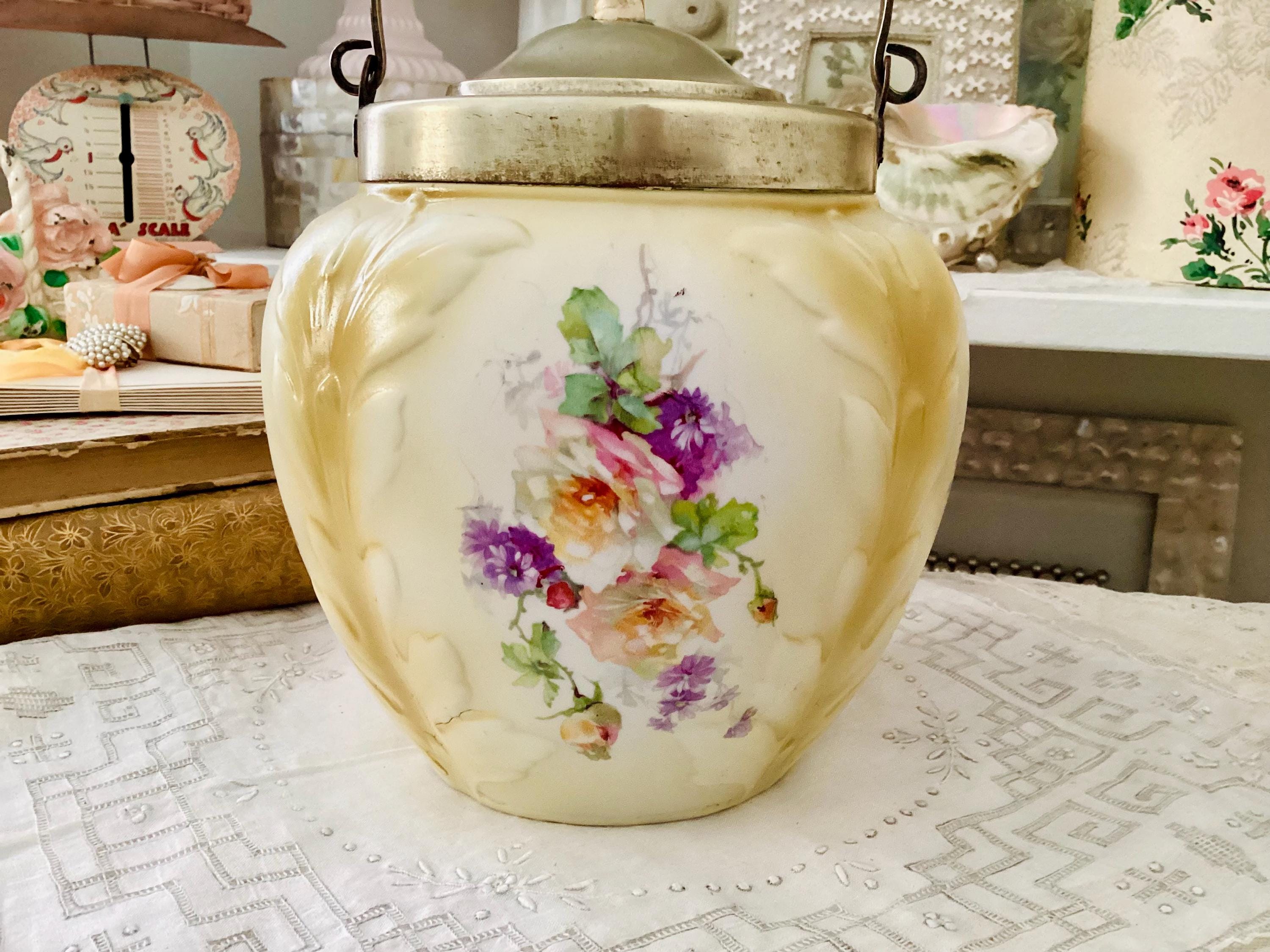 Antique Biscuit Barrel W/ Roses & Brass/silverplate Lid – English