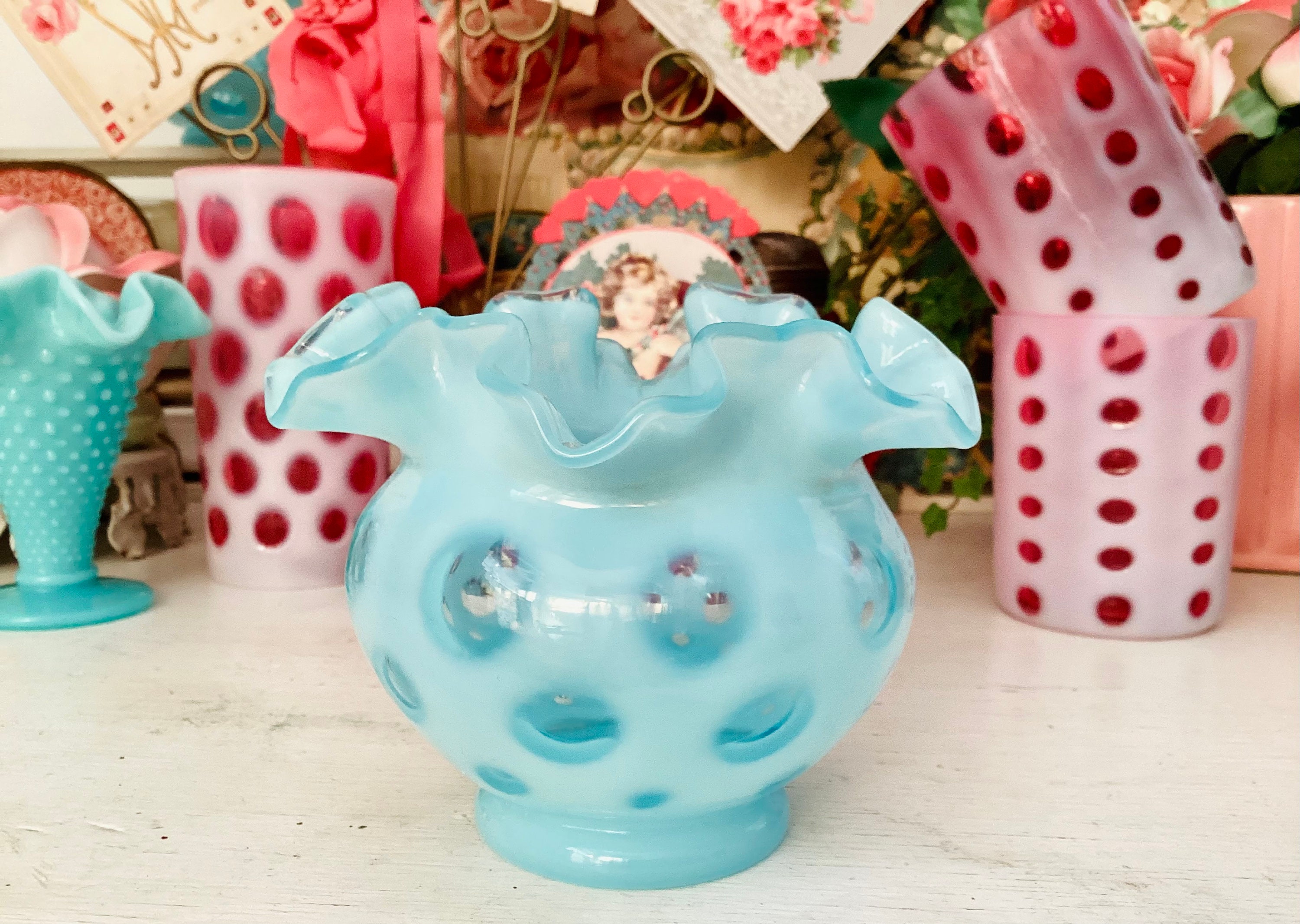 Fenton Blue Coin Dot Vase - Etsy