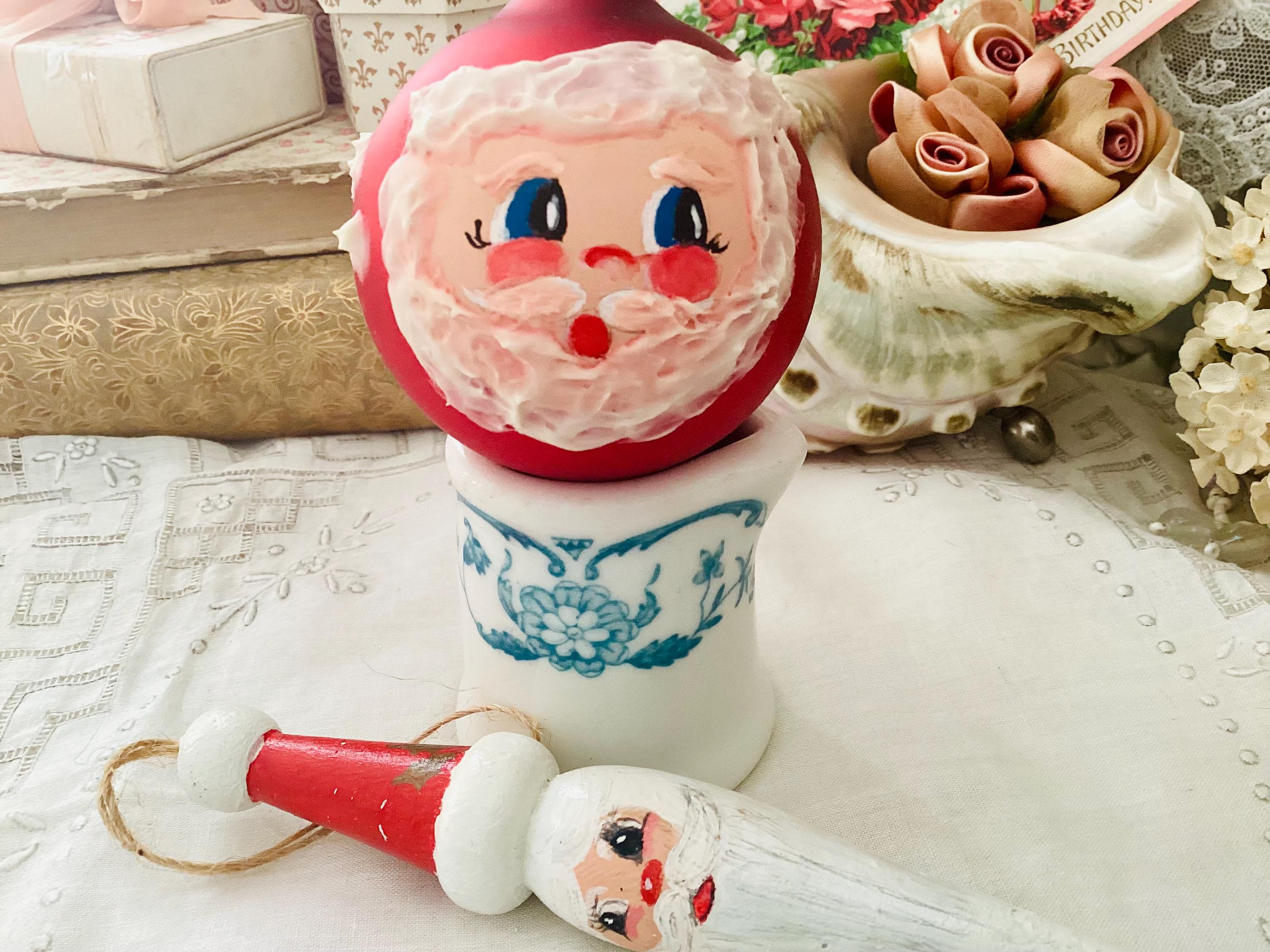 手描きのドイツ製クリスマスオーナメント、ボール、赤、サンタクロース