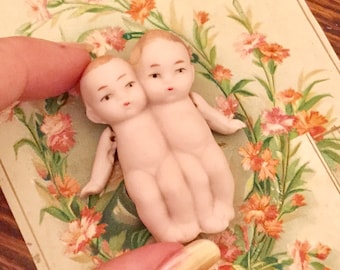 Antique German Twins Baby Doll Miniature Hertwig 1920's Tiny