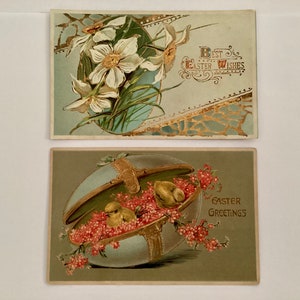 2 cartes postales, éphémères anciennes, Pâques avec oeuf décoré, fleurs en relief
