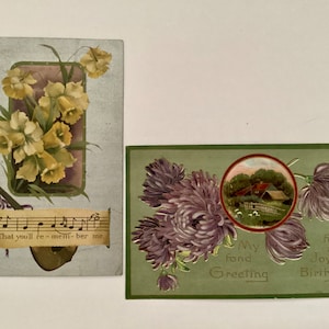 2 cartes postales, éphémères antiques, floral en relief, soucis, se souvenir de moi