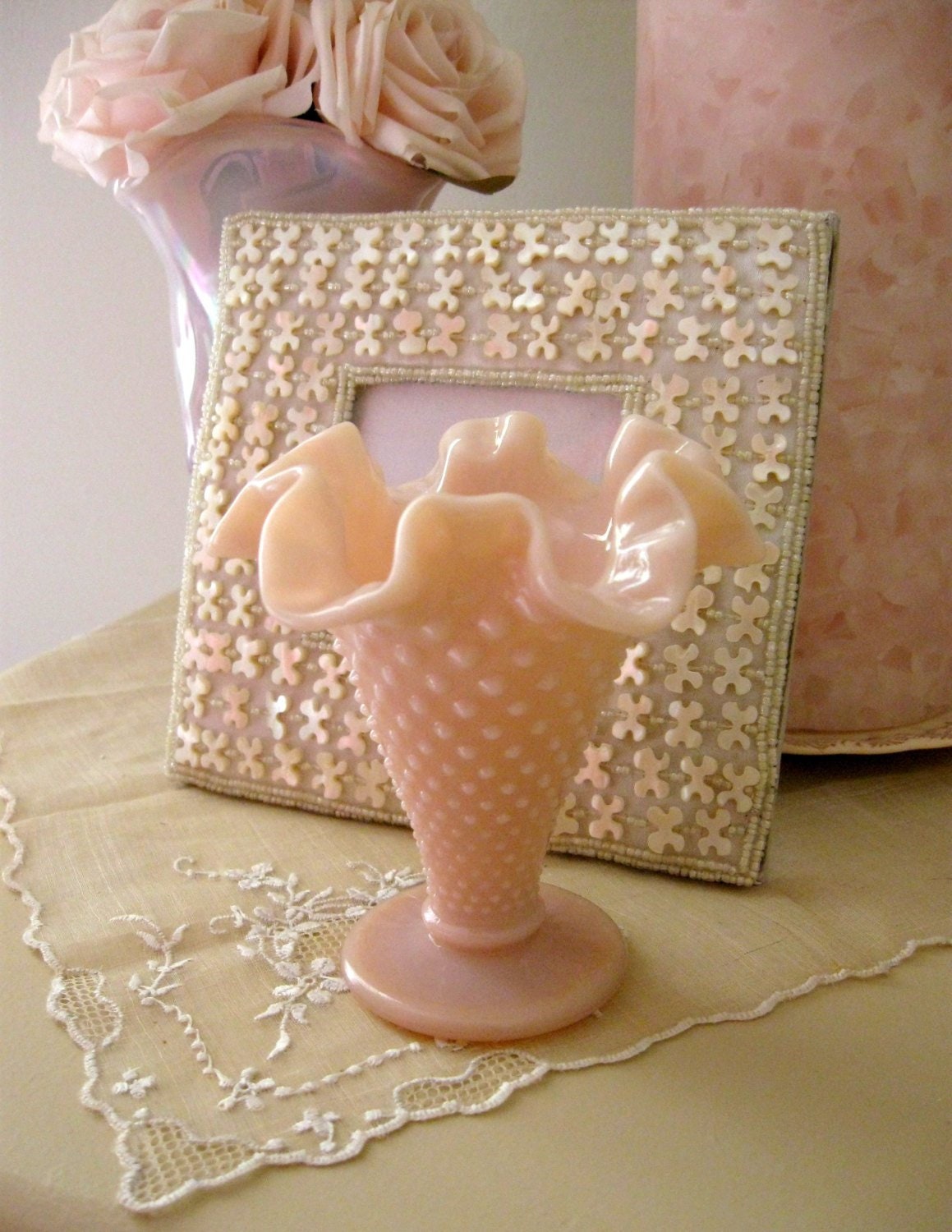 花瓶・フラワースタンド 231 Vintage Fenton Pastel Milk glass Fenton Pastel Pink Fenton Milk Glass Hobnail Trumpet Vase
