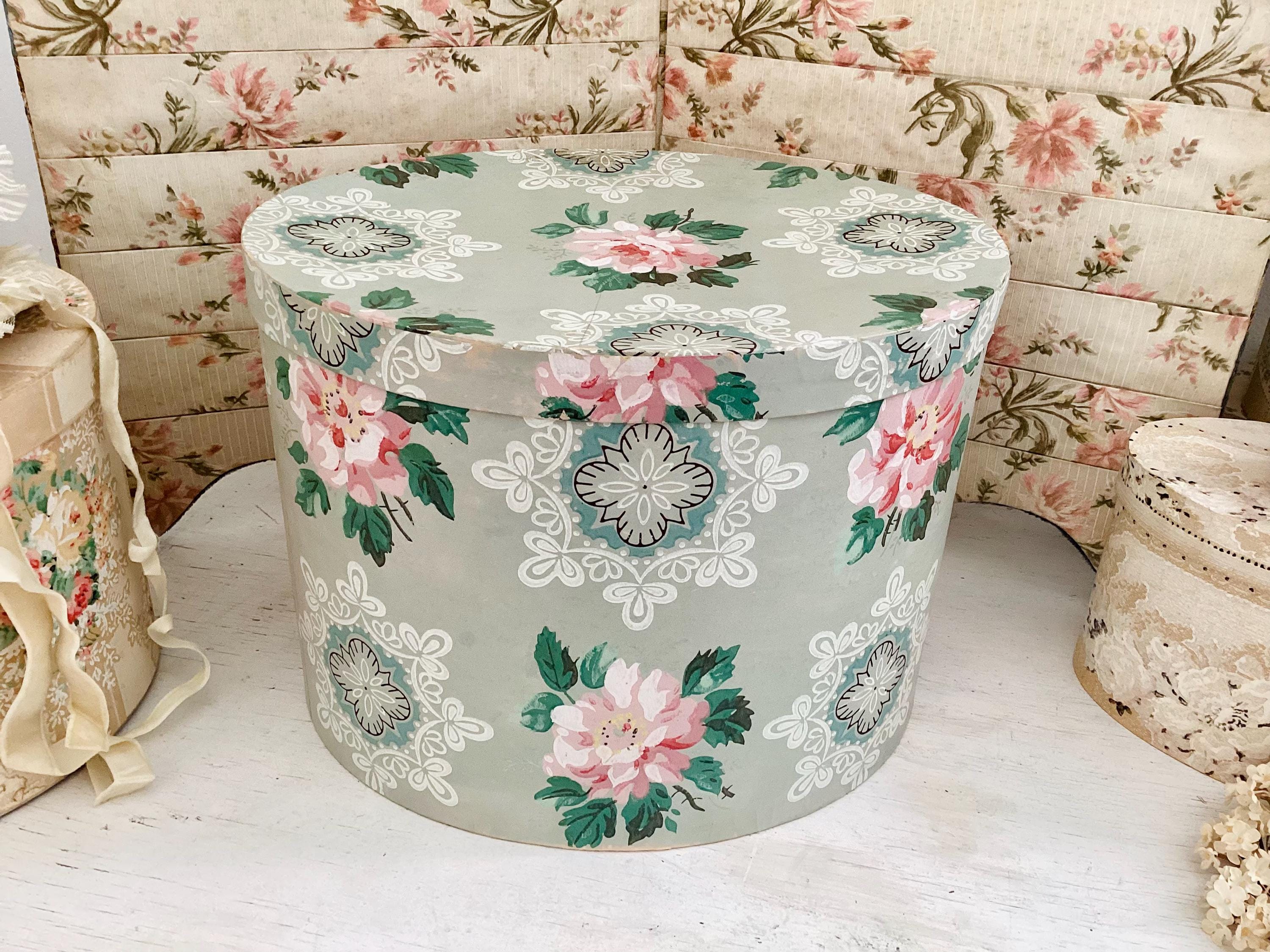 Antique Roses WallPaper Covered Box - Bandbox, Hannah's Treasures - Gray Pink Green, Large