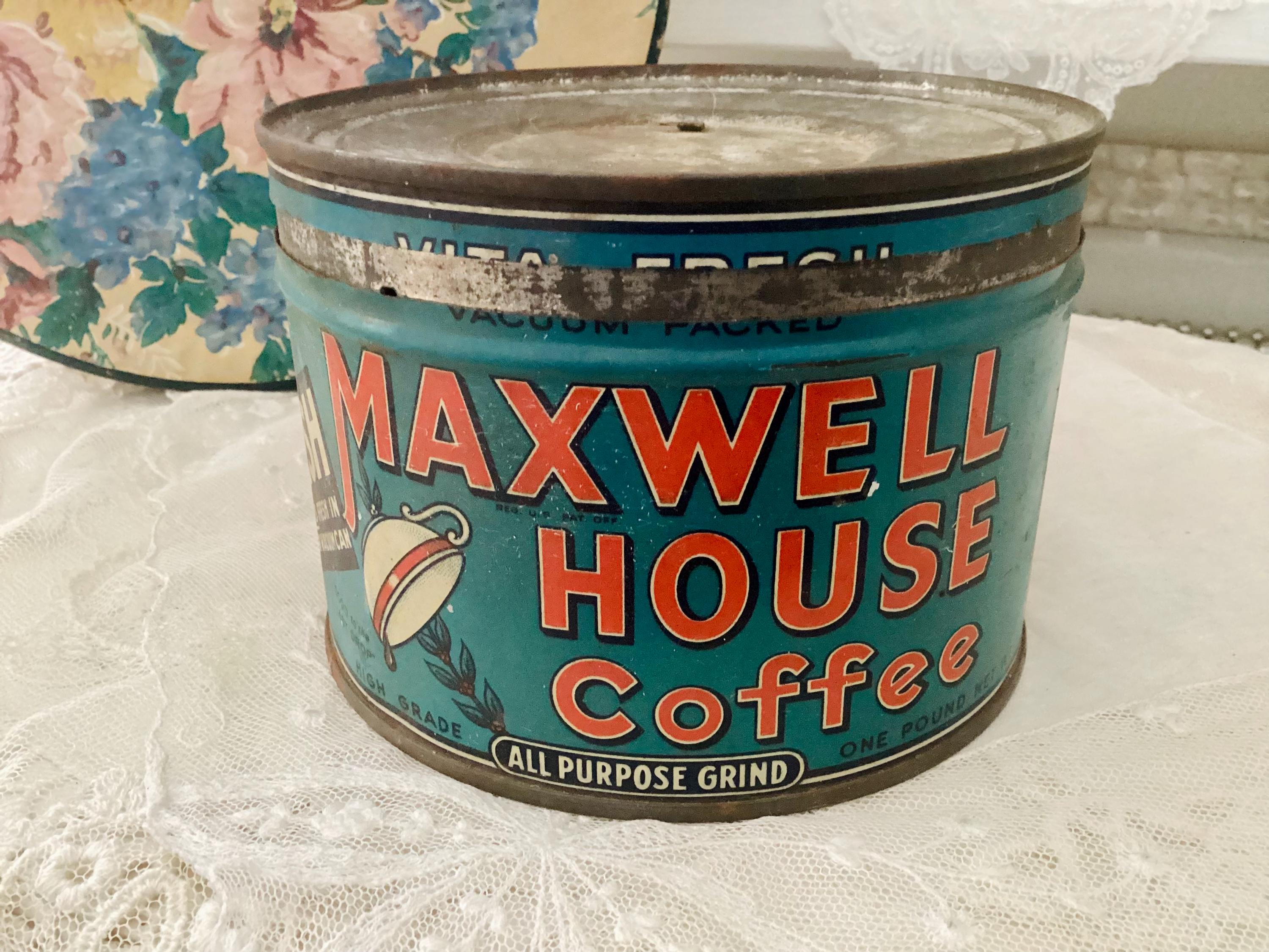 Maxwell House Coffee Antique Tin, Retro Kitchen Decor, Teal and