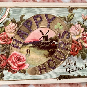 Postkarten, Ephemera, Rosen, geprägte Antike, Hufeisen, glückliche Stunden und goldene Tage