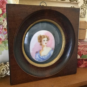 Vintage hand painted porcelain cameo portrait. wood frame, velvet matting, Picture Frame 4” by 4”