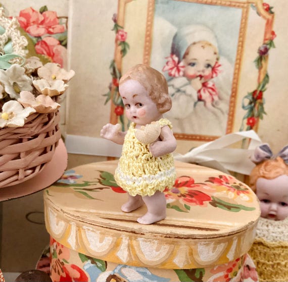 Antique German Girl Baby Doll Miniature Hertwig 1920's Tiny Bisque