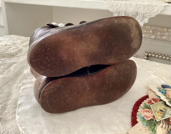 Antique Vintage Baby Shoes Boots Brown & Black Leather White