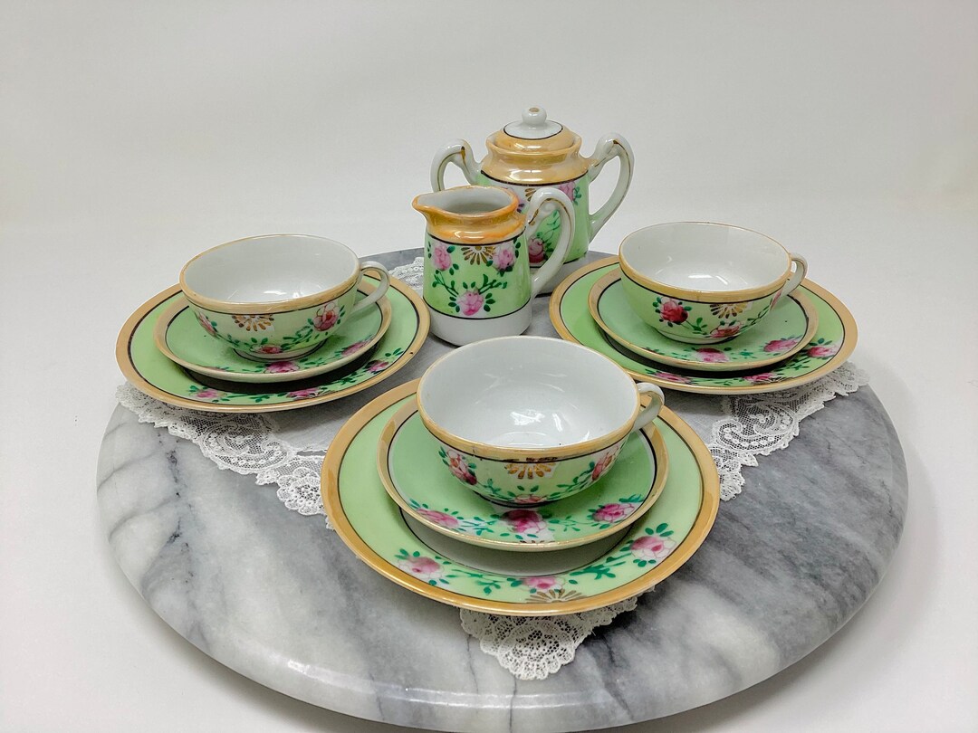 Japan Childs Tea Set, Jadite Green With Pink Roses, Lustreware Etsy