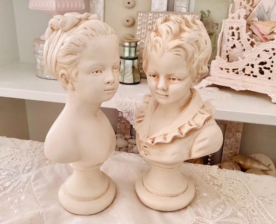 アンティーク雑貨 Classical Child Bust Statue. 2 Victorian Busts, Vintage Chalkware Boy & Girl Statues Ivory