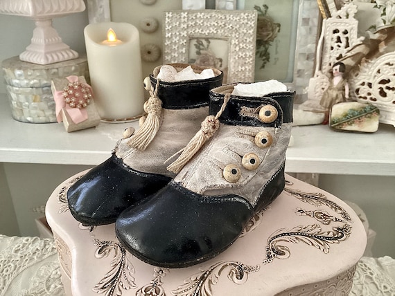 High Button Baby Shoes, Antique, Black and White Two-tone With