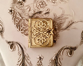 Little Book Shaped Locket, Embossed, Ornate Beautiful Gold Tone