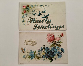 2 Post Cards, Antique Ephemera, Embossed Floral Greetings, Roses and Bluebirds