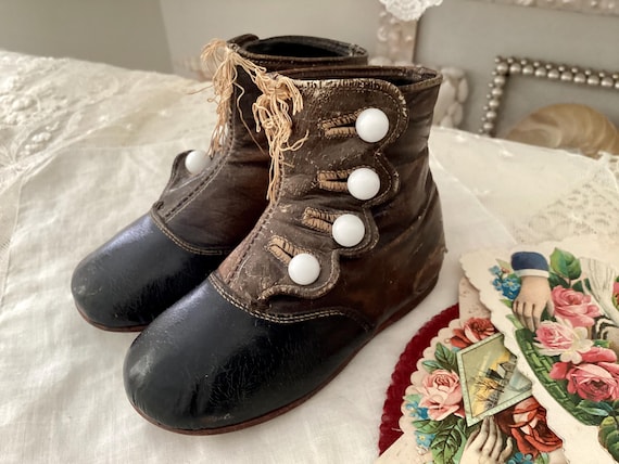 Antique Vintage Baby Shoes Boots Brown Black Leather White Buttons Late 1800s Etsy Canada
