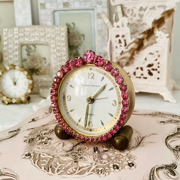 Pink Rhinestone Clock - Working Vintage Phinney Walker Alarm Clock