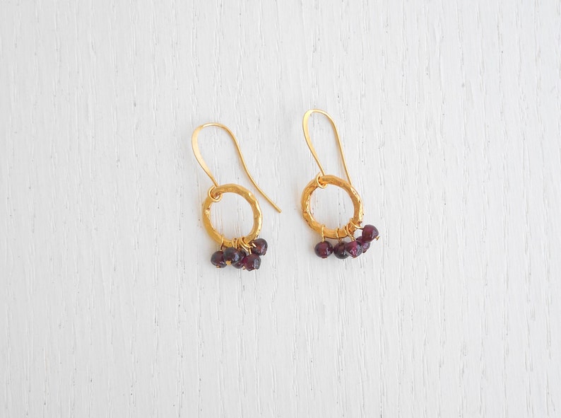 Gold loop earrings Gold garnet earrings January birthstone | Etsy