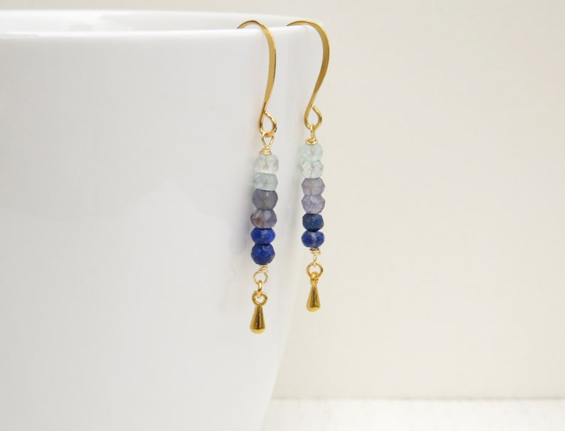 Bar earrings with stone Blue sapphire earrings gold Gold aquamarine earrings Blue ombre earrings