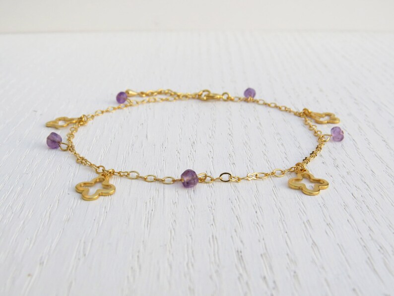 Amethyst anklet Gold ankle bracelet Gold clover jewelry Etsy