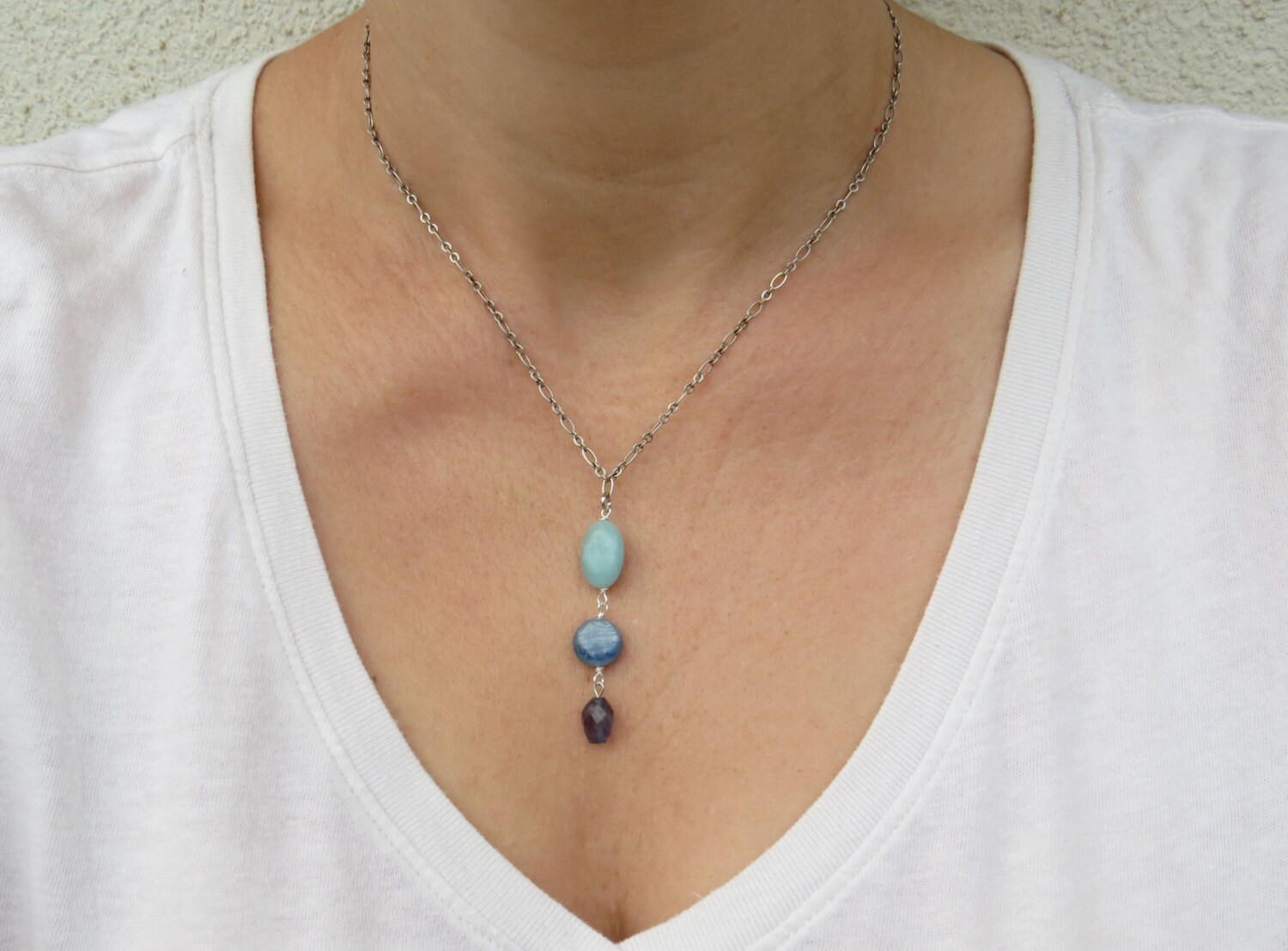 Y shaped necklace Silver lariat necklace Multi gemstone Etsy