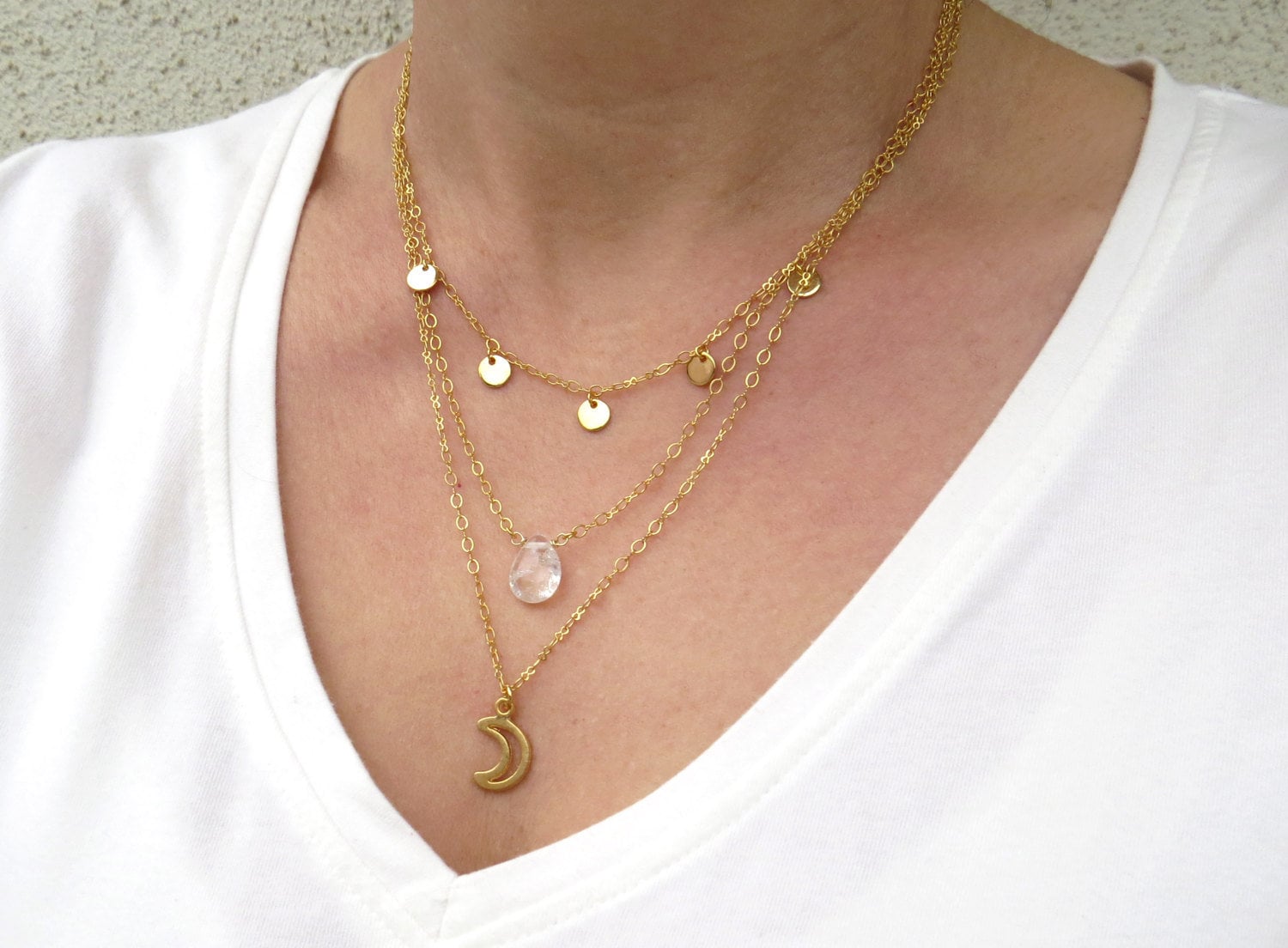 Triple Strand Necklace Gold Layered Necklace Set Gold Moon Etsy Israel