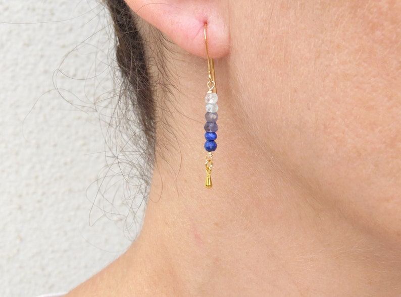 Bar earrings with stone Blue sapphire earrings gold Gold aquamarine earrings Blue ombre earrings
