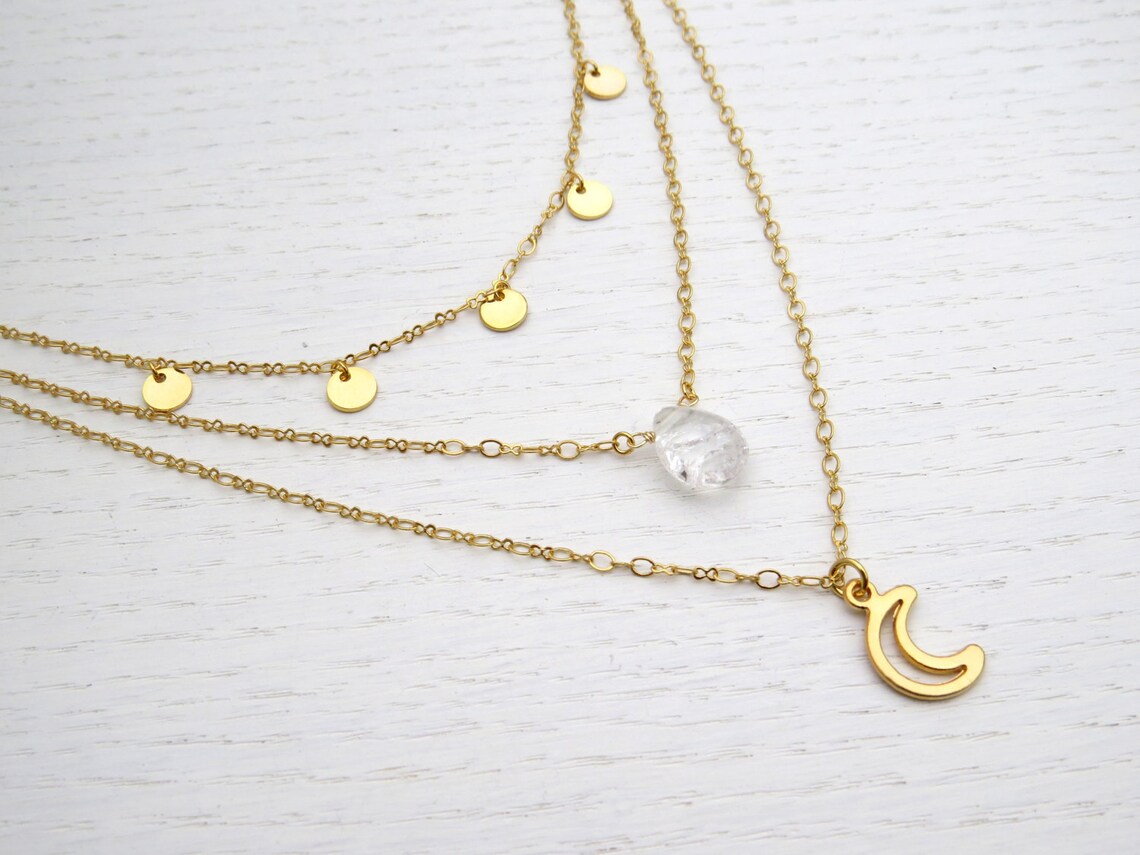 Triple Strand Necklace Gold Layered Necklace Set Gold Moon Etsy Israel