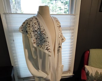 Vintage 90's sweater coat beautifully embellished with silver, gold and pearl bling by FOCUS USA