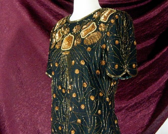 Elegant Vintage Black & Gold amazing Papell Boutique silk blouse - perfect for any Party