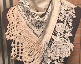 Boho Wild Rag Bandana, Vintage Crochet Lace Scarf with Rhinestone Fringe