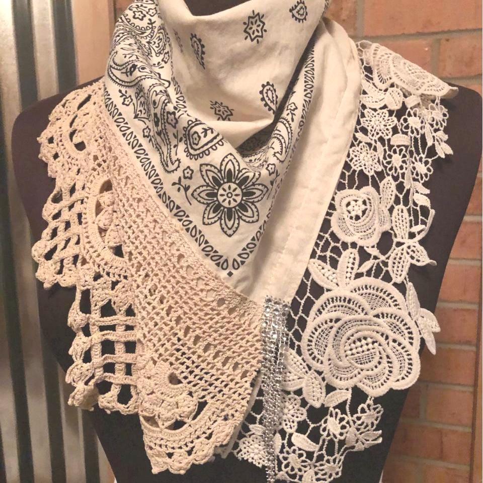 Boho Wild Rag Bandana, Vintage Crochet Lace Scarf with Rhinestone Fringe