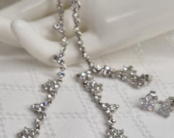 Vintage Silver-tone Rhinestone Flower Choker and Pierced Earring Set