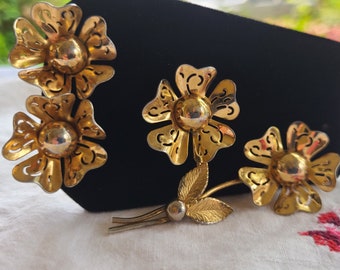 Vintage Coro Flower Brooch and Clip Earrings