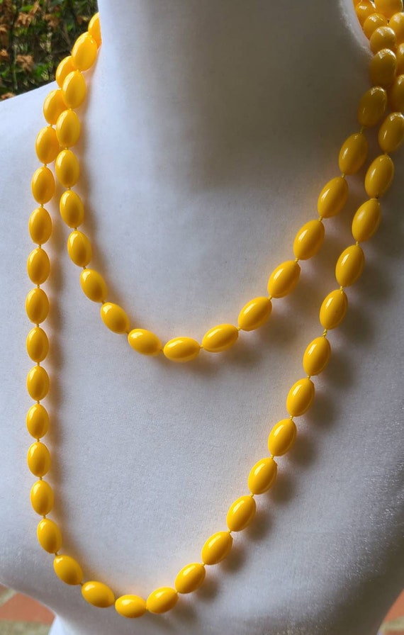 Vintage Yellow Bead Necklace Very Long Opera Leng… - image 3