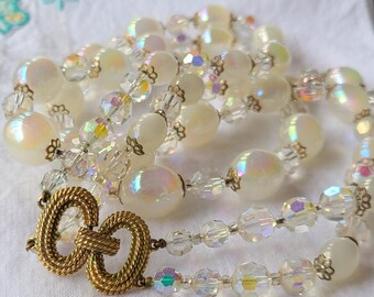 Vintage Double Strand Pearl Necklace, Faceted Crystal Beads  display picture 3