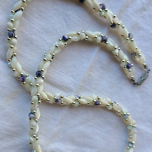 Beaded Triple Strand Necklace Mother of Pearl Purple Beads