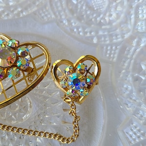 Vintage Double Heart Chatelaine Style Brooch Aurora Borealis Rhinestones