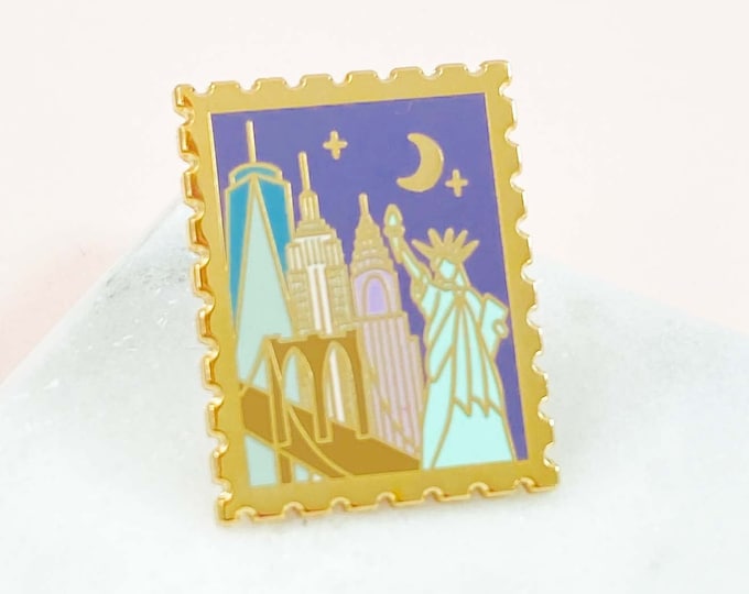 New York Stamp Enamel Pin - Travel Pin - New York Enamel Pin Pin - New York at Night Enamel Pin - NYC Pin Badge
