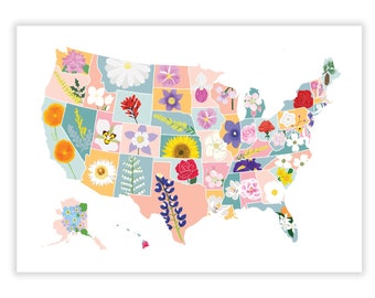 State Flower Map Print - US State Flowers Art Print - United States of America Flower Map Chart