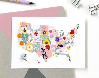 State Flower Map Postcard - US State Flowers Postcard - United States of America Flower Map Chart Postcard