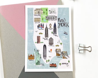 New York Map Postcard - New York Illustrated Map - Hand Lettered Map - Map of New York - Watercolour Map - NYC Map - Art Print Gift