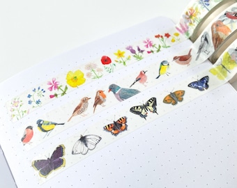 Conjunto de Fitas Washi com Tema da Natureza Britânica - Pacote com Três Fitas Washi - Fita de Pássaros - Fita de Flores - Fita de Borboletas - Kit de Fitas Washi