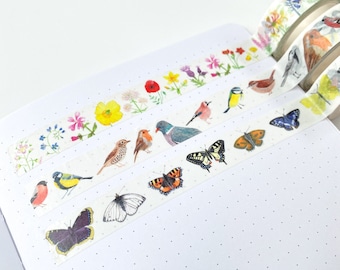 British Nature Washi Tape Set - Pack of Three Washi Tapes  - Bird Tape - Flower Tape - Butterfly Tape - Washi Tape Bundle