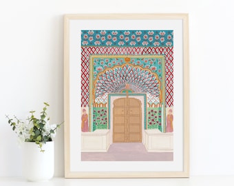 Lotus Gate, Jaipur, India Art Print - Lotus Gate Illustration - Boho Wall Art - City Palace Jaipur